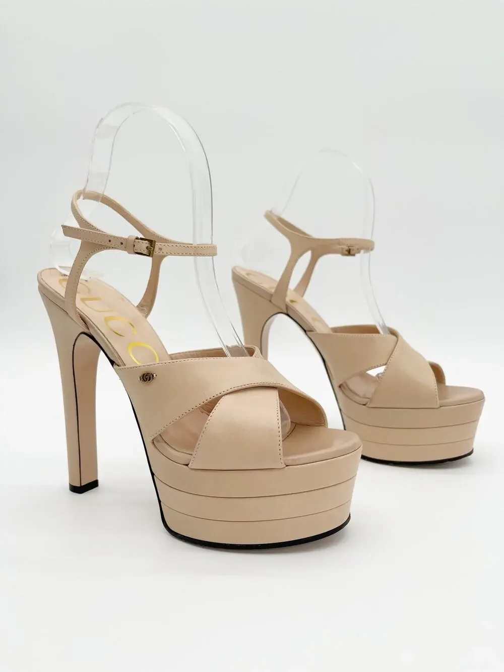 Gucci Angel Light Pink Leather Crisscross GG Platform High Heel Sandals IT 38.5